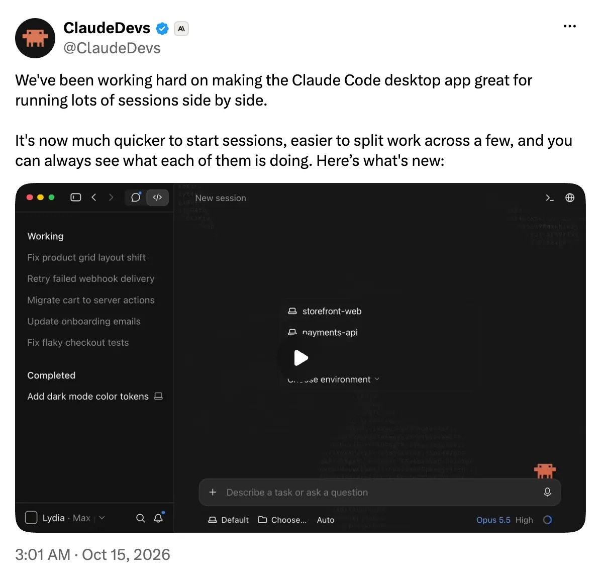 ClaudeDevs on X announcing the Claude Code Desktop multi-session update