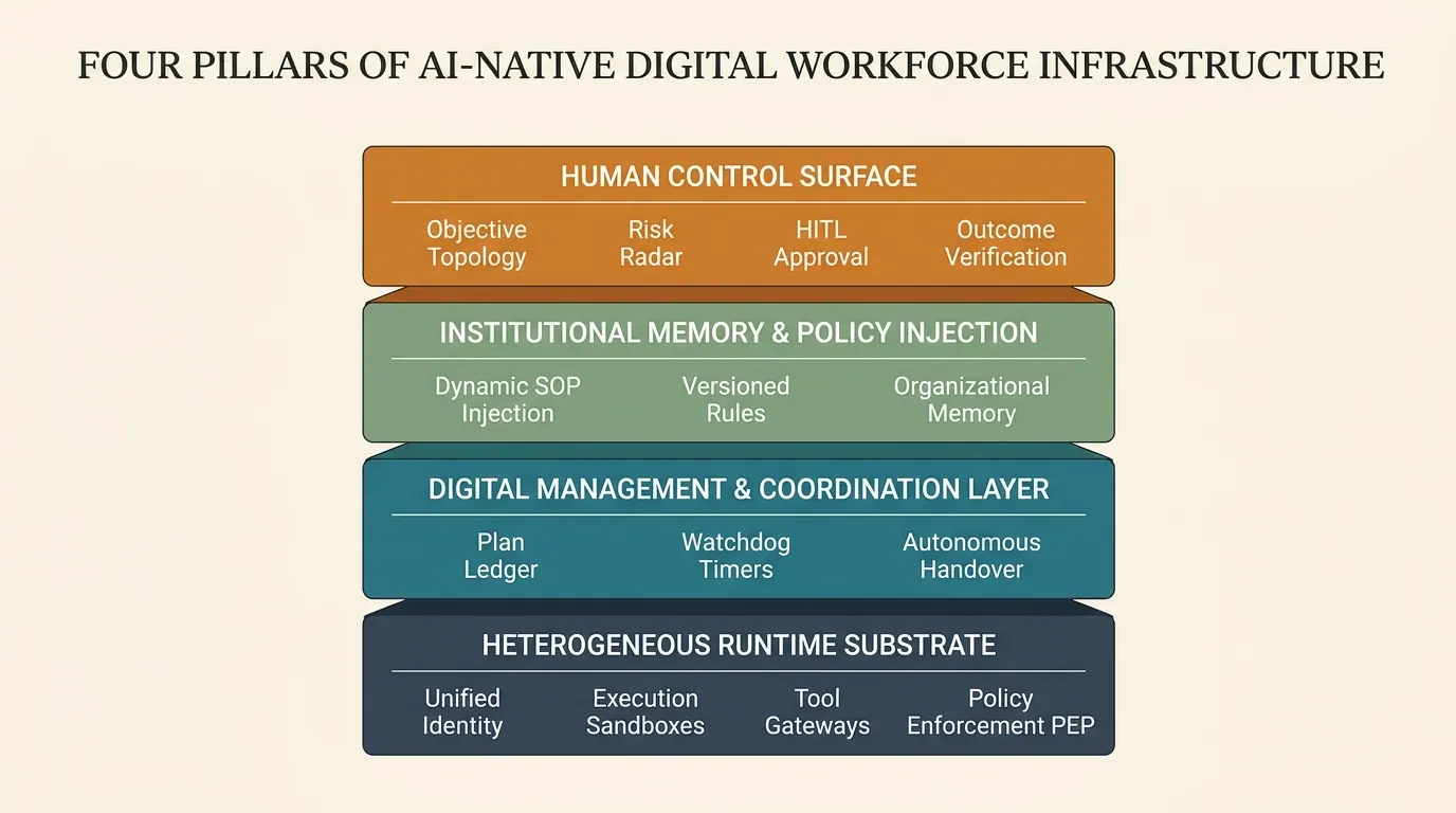 Four pillars of AI-Native digital workforce infrastructure: Runtime substrate, coordination layer, institutional memory, and human control surface.