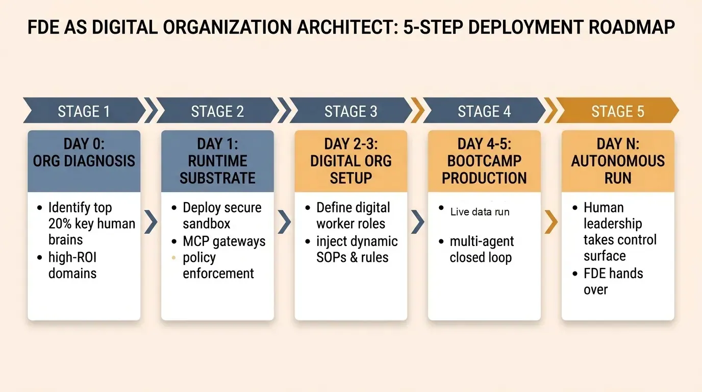 5-step practical deployment roadmap for FDEs as digital organization architects: From organizational diagnosis to autonomous operation.