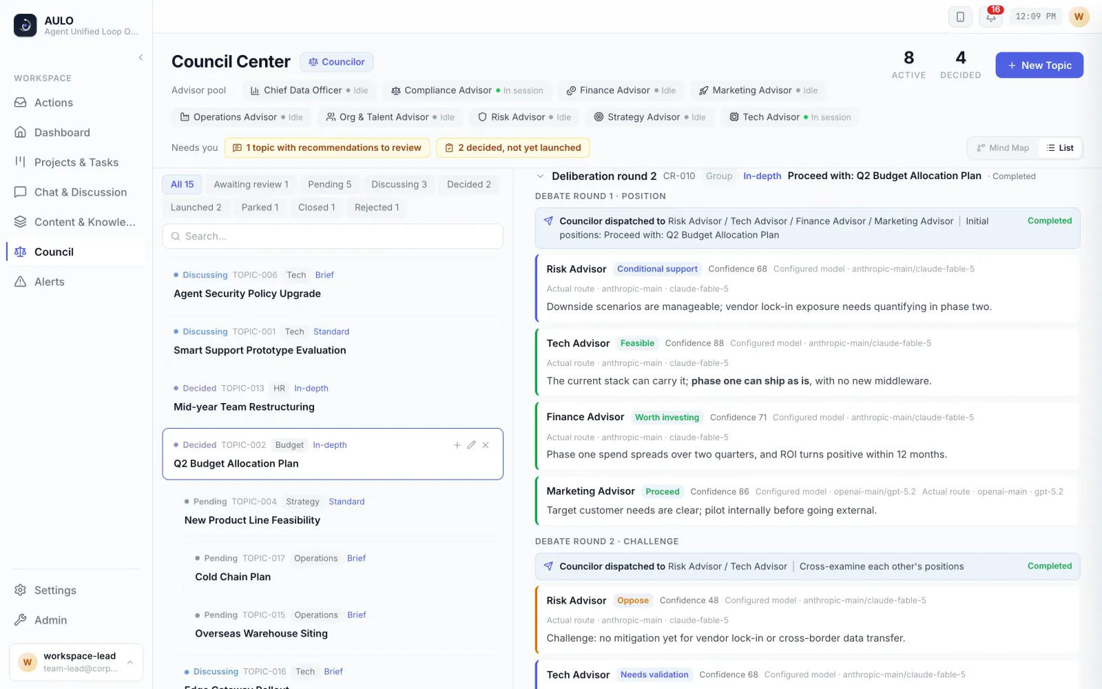 Deliberation: advisor positions and challenges by round