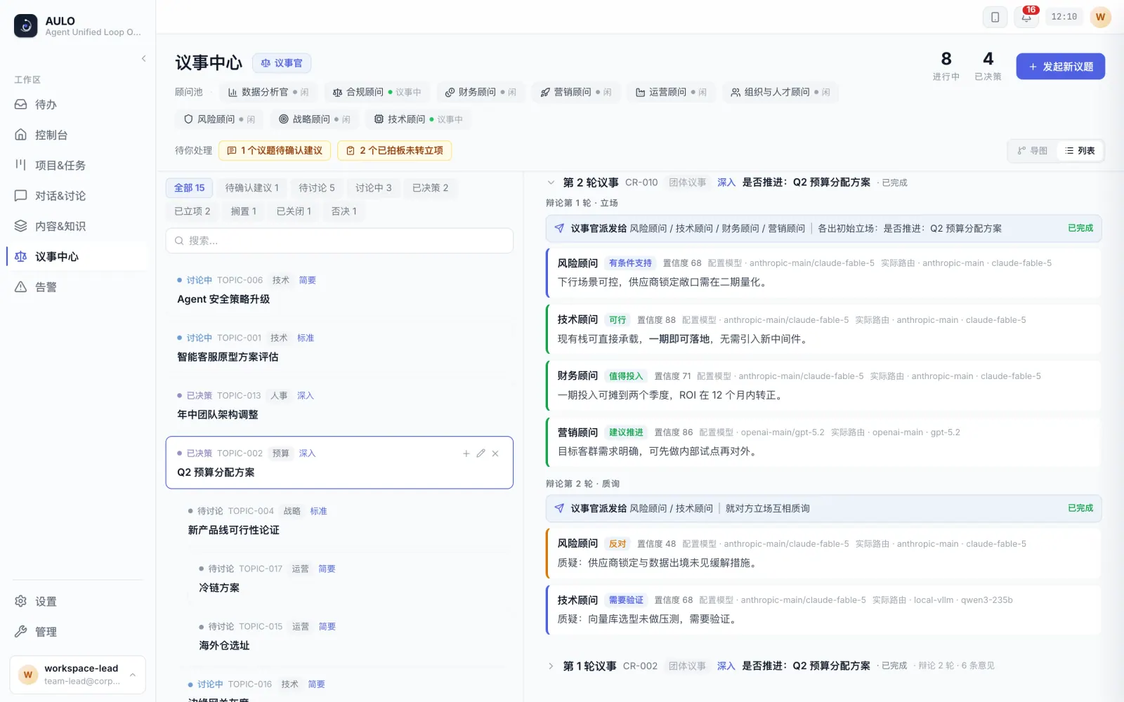 议事过程:各顾问按轮次给出的立场与质询