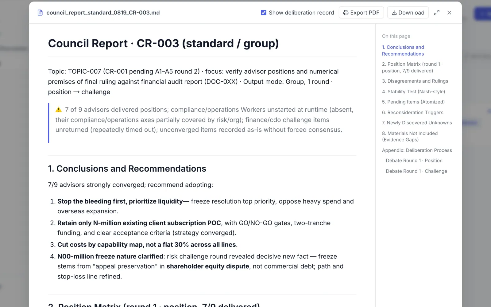 Council report: conclusions, the position matrix and how disagreements were ruled, with unconverged items recorded as-is — previewable and exportable