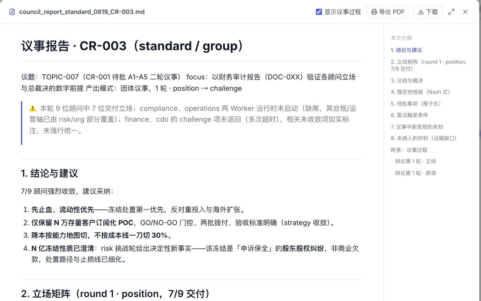 议事报告:结论、立场矩阵与分歧裁决逐节成文,未收敛项如实标注,可预览也可导出